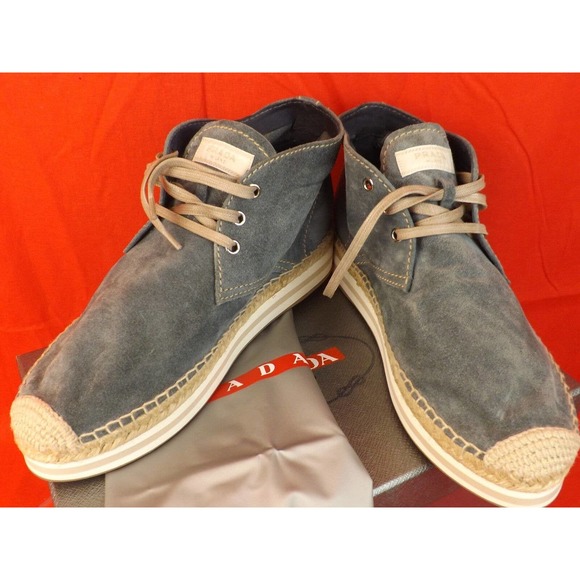 NIB PRADA BLUE SUEDE LACE UP LOGO ESPADRILLES CHUKKA BOOTS 39 8.5 $ 525 - Picture 7 of 12